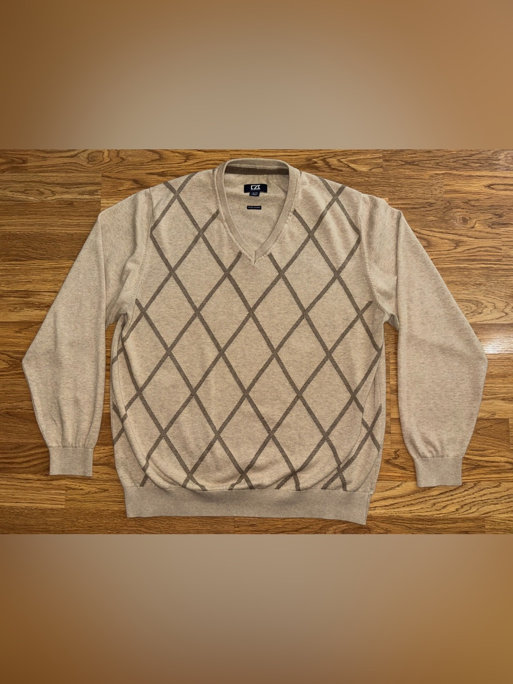 Cutter & Buck Argyle Diamond V Neck Sweater Men’s Size XL Beige Taupe